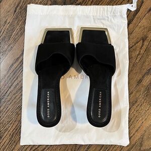 Good American Black Square-Toe Slip-On Mules with Gold Trim